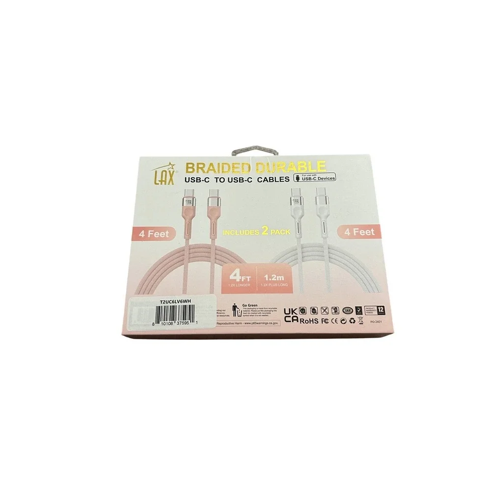 LAX USB-C to USB-C Cables Unisex 4ft Pink White NEW 2-Pack Braided Durable 60W